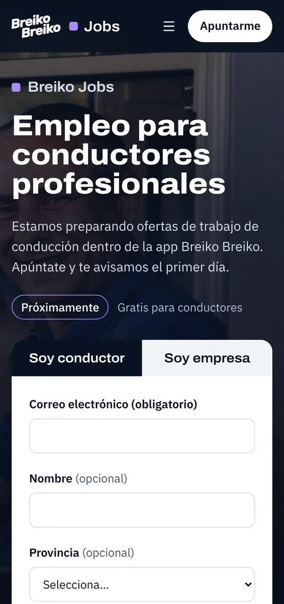 Página de Breiko Jobs con el formulario para apuntarse