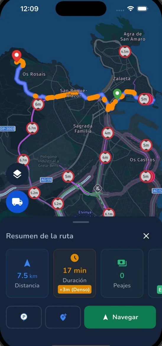 Resumen de una ruta para camión con los gálibos marcados en el mapa