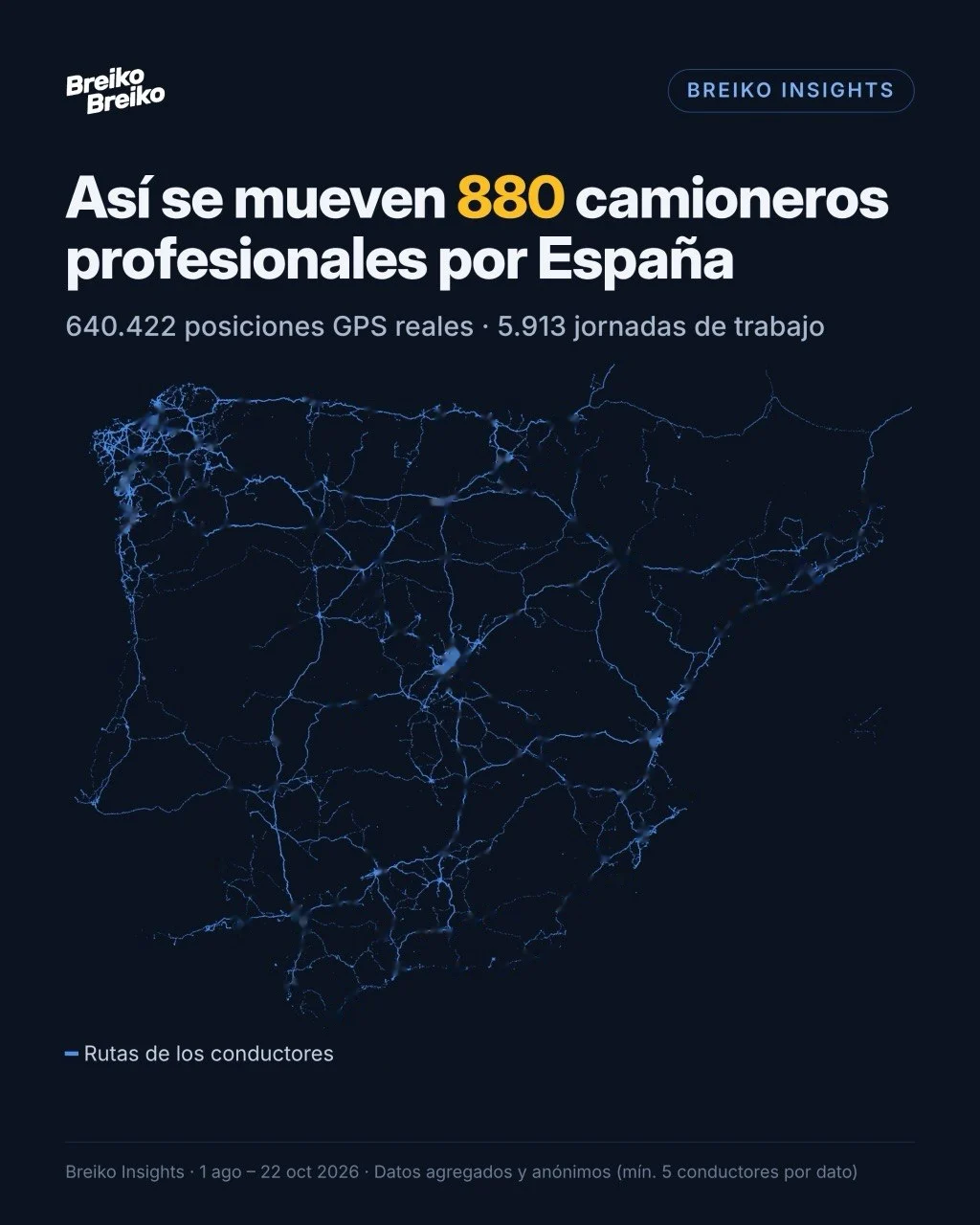 Mapa de España con las rutas de 880 camioneros profesionales: 640.422 posiciones GPS y 5.913 jornadas